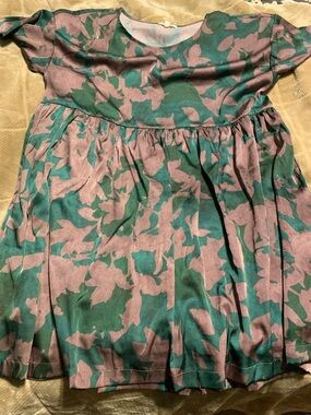 Floral Print Short-Sleeve Dress in Teal and Mauve